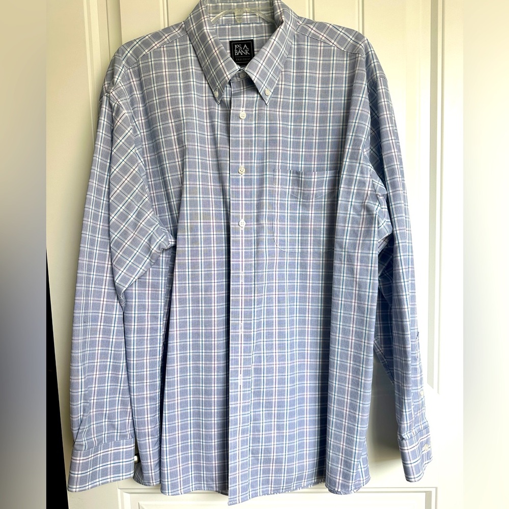 Joseph A Banks cotton long sleeve button down. Blue with multi colored checks XL